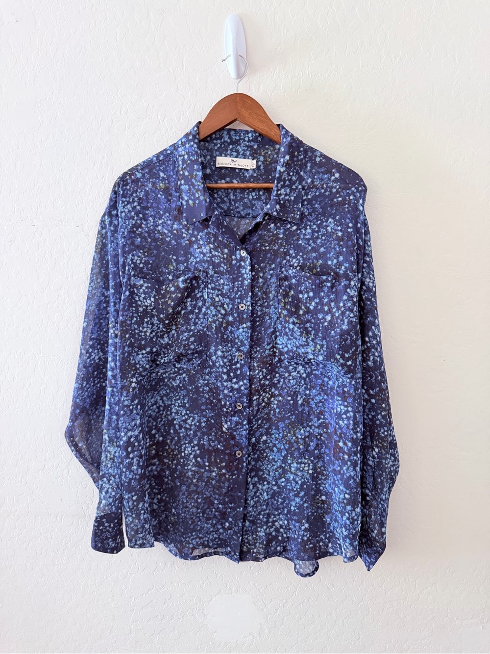 Rebecca Minkoff XL Blue Floral Print Button Down Blouse Sheer Long Sleeve